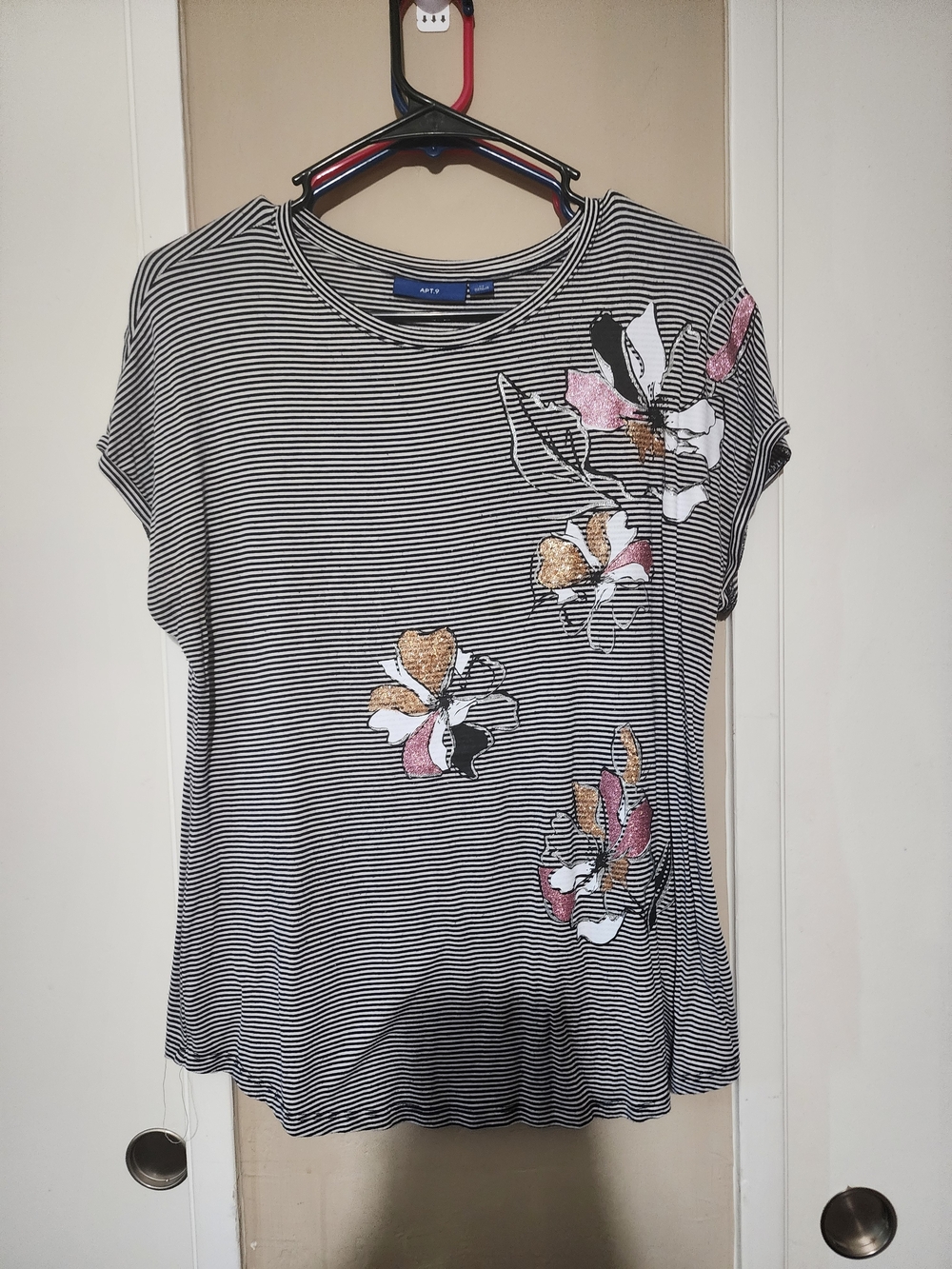 Apt. 9 Black & White Striped Tee with Pink, Gold & White Floral Appliqués